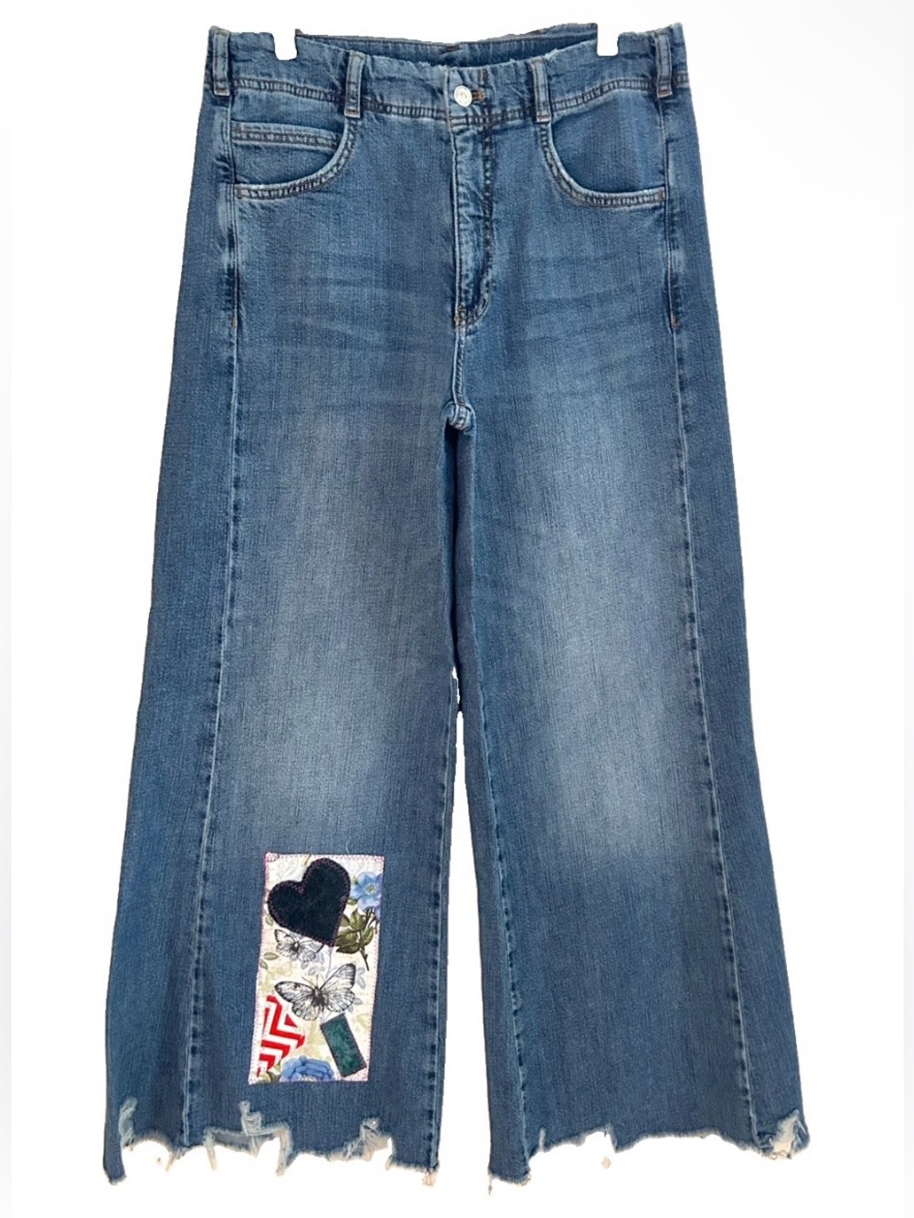 Patchwork Heart Butterflies Denim Wide Leg Flares Raw Hem NWOT Size 28